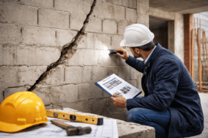 Expert en bâtiment réalisant une expertise maçonnerie sur un mur fissuré
