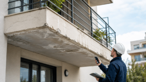 Expert inspectant un balcon fissuré avec béton dégradé et traces d’infiltration