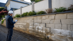 Expert inspectant un mur de soutènement fissuré présentant des signes d’humidité et de déformation