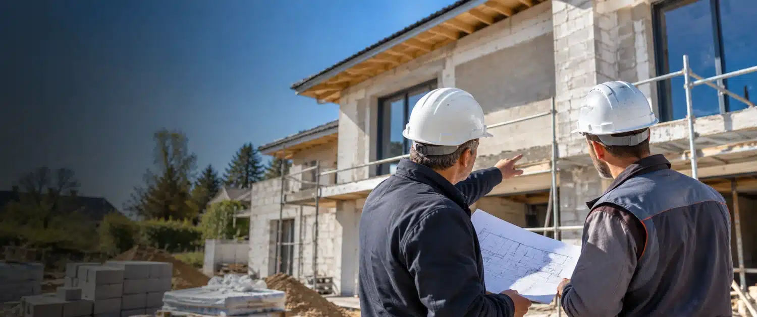 Deux professionnels casqués examinant les plans d'une maison en construction